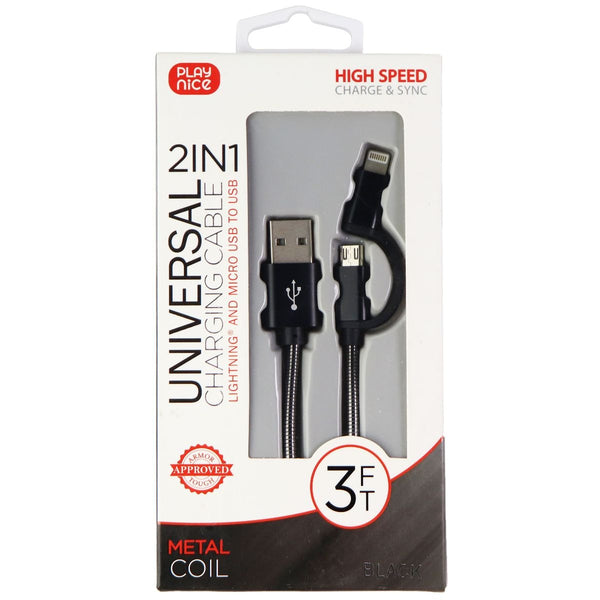 Play Nice Universal 3-Ft Micro-USB/8-Pin to USB 2-in-1 Metal Coil Cable - Black - Play Nice - Simple Cell Shop, Free shipping from Maryland!