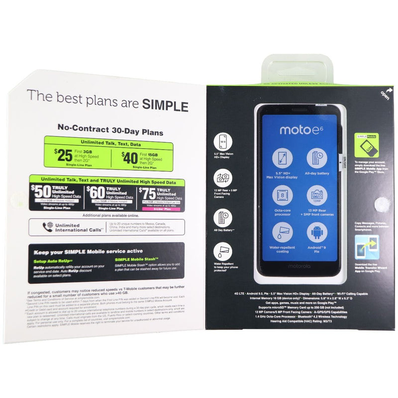Simple Mobile Motorola Moto E6, 16GB, Black - Prepaid Smartphone 