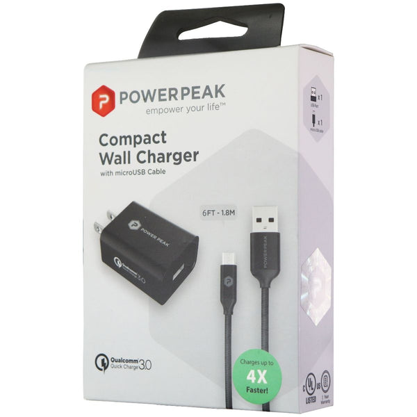 PowerPeak Qualcomm QC 3.0 Compact Wall Charger with 6-Ft Micro-USB Cable - Black - PowerPeak - Simple Cell Shop, Free shipping from Maryland!