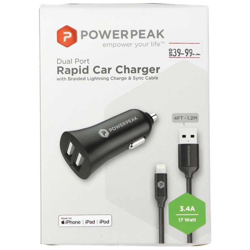 PowerPeak (3.4A) Dual USB Car Charger with 4-Ft MFi Cable for iPhone - Black - PowerPeak - Simple Cell Shop, Free shipping from Maryland!