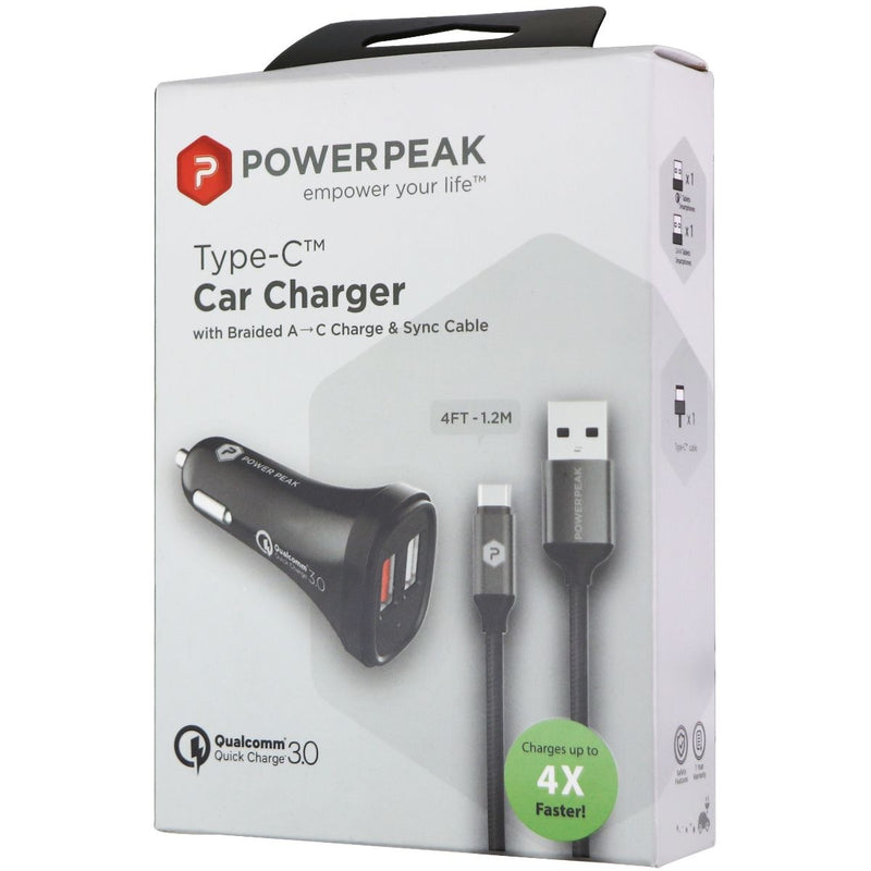 PowerPeak QC 3.0 Dual USB Car Charger with 4Ft Braided USB-C Cable  - Black - PowerPeak - Simple Cell Shop, Free shipping from Maryland!