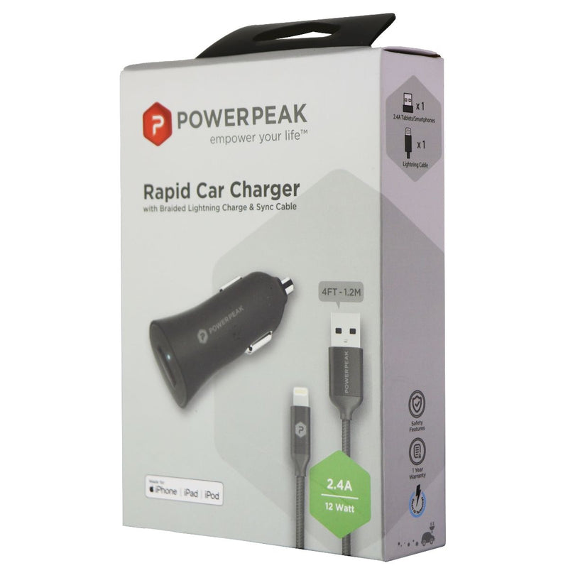 PowerPeak (12W/2.4A) Rapid Car Charger with Braided 4-Ft Cable - Black - PowerPeak - Simple Cell Shop, Free shipping from Maryland!