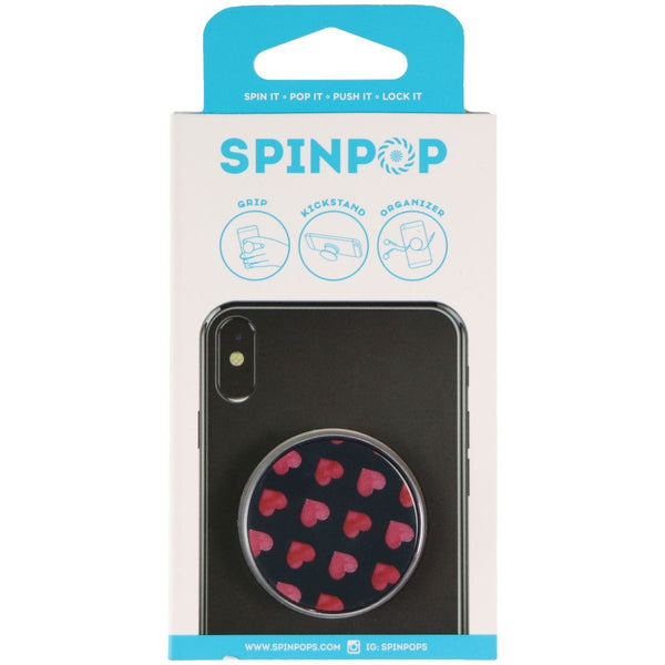 SpinPop Grip, Kickstand, Organizer Novelty Holder - Black / Red Hearts - SpinPop - Simple Cell Shop, Free shipping from Maryland!