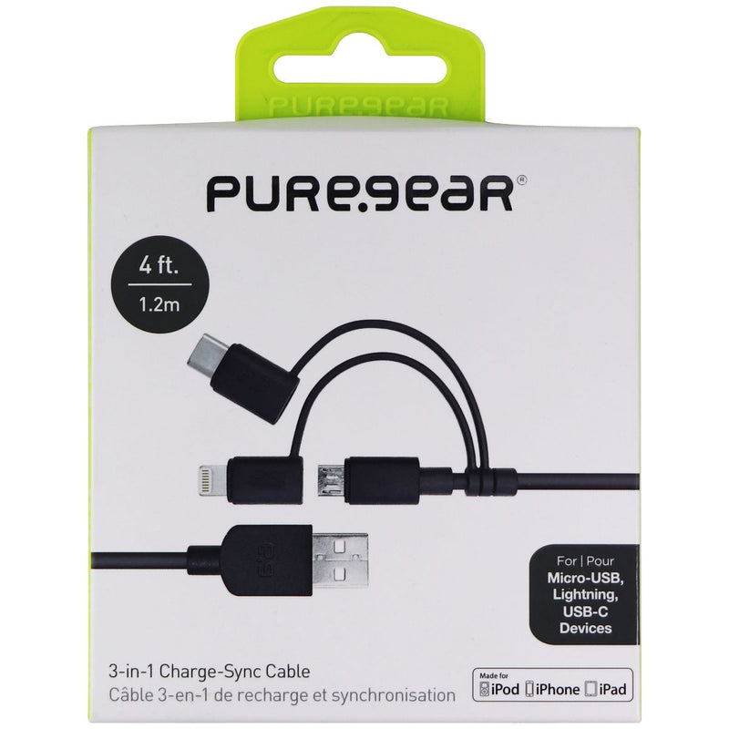 PureGear 4ft Charge-Sync Cable with USB-C, Micro USB, & Apple Adapter - Black - PureGear - Simple Cell Shop, Free shipping from Maryland!