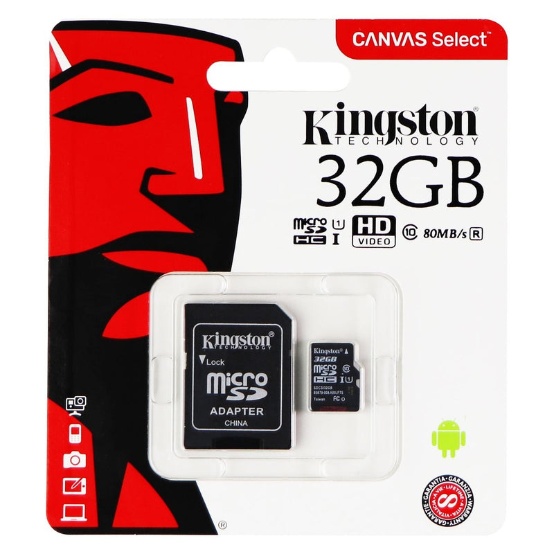 Kingston Canvas Select 32GB microSDHC Class 10 microSD Memory Card UHS-I 80MB/s - Kingston - Simple Cell Shop, Free shipping from Maryland!