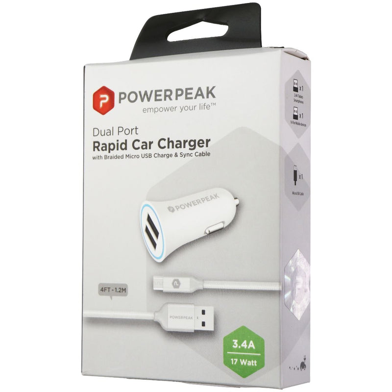 PowerPeak (17W/3.4A) Dual Port Rapid Car Charger & 4-Ft Micro-USB Cable - White - PowerPeak - Simple Cell Shop, Free shipping from Maryland!