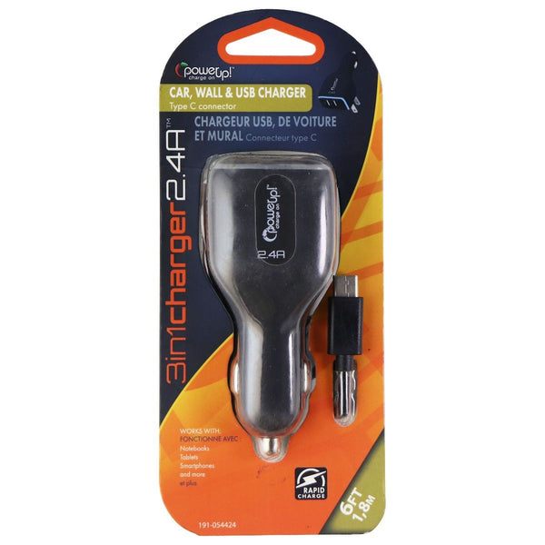 Power Up! Charge On (2.4A) Dual USB Car Adapter with (6-Ft) USB-C Cable - Black - Power Up! Charge On - Simple Cell Shop, Free shipping from Maryland!