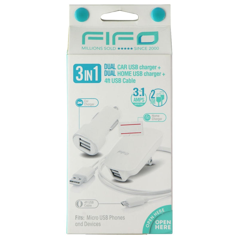 FIFO Dual USB Car Charger + Wall Charger and 4-Ft Micro-USB Cable - White - FIFO - Simple Cell Shop, Free shipping from Maryland!